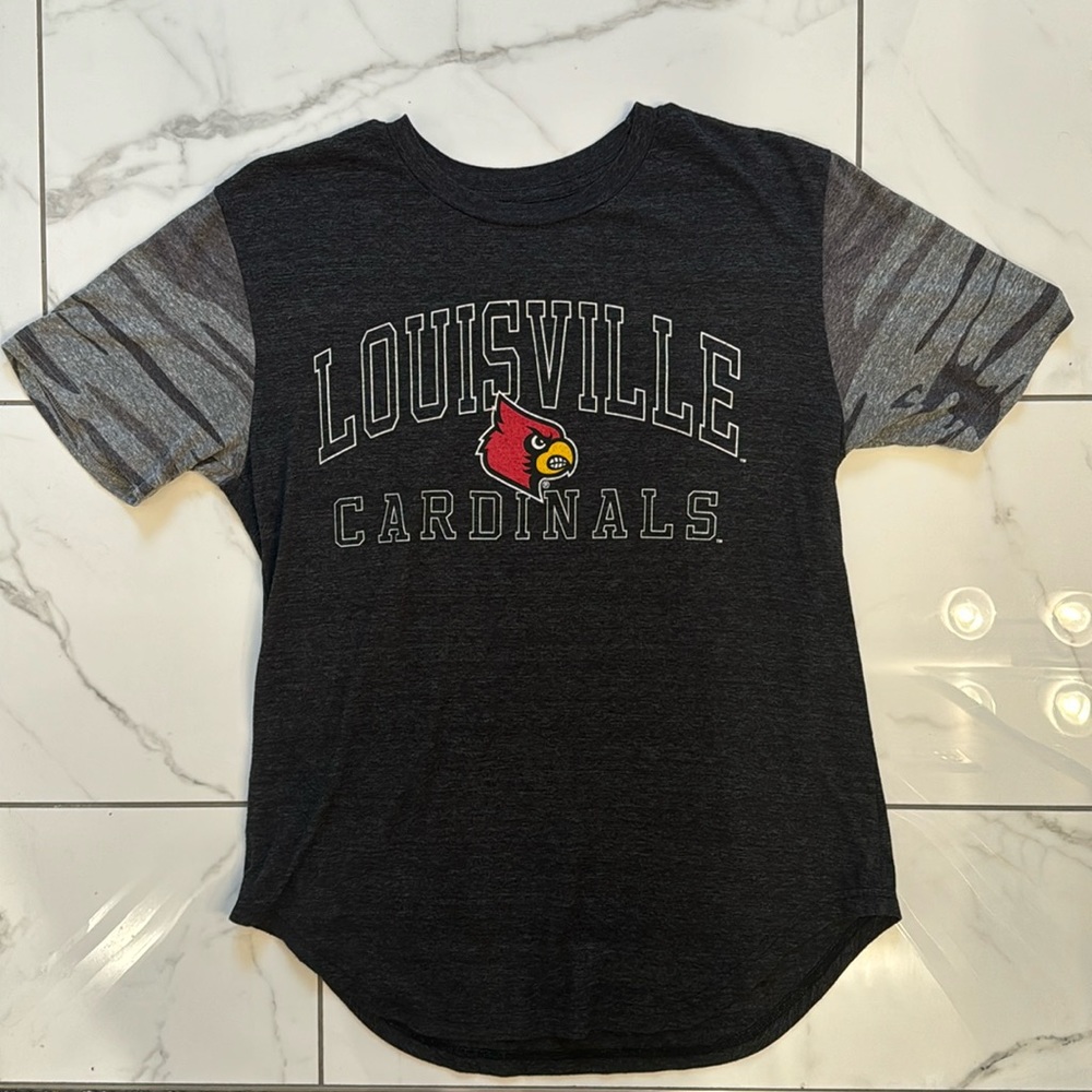 Women’s size small University of Louisville shirt with camouflage sleeves